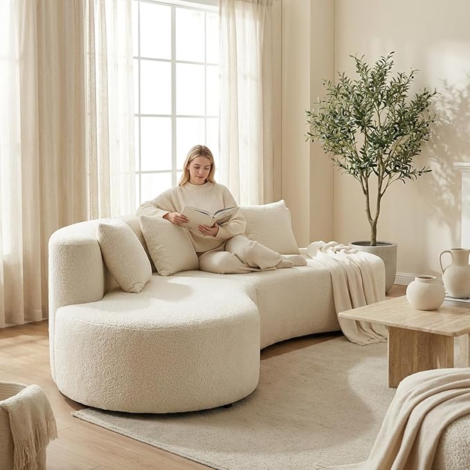 Modern Curved Sectional Sofa Couch 95" Beige - Cloud Fleece Upholstered 4-Seater Modular Boneless Couches for Living Room, Office, Apartment