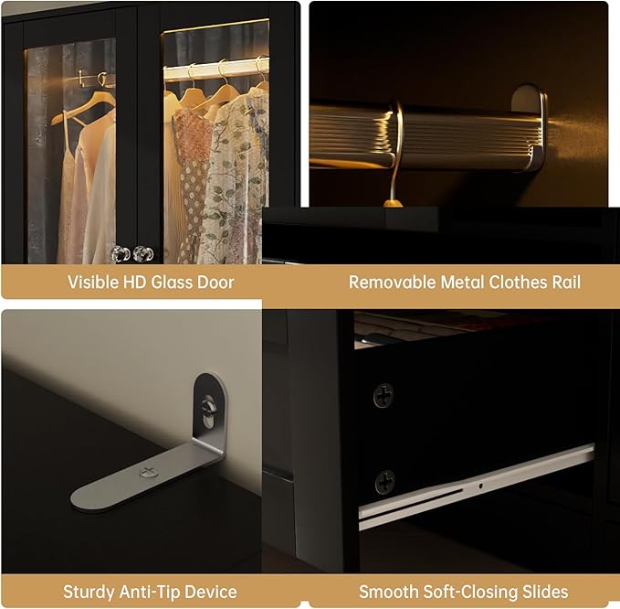 VOWNER 75" Tall Armoire Wardrobe Closet with Drawers & Lights, Clothing Storage Cabinet with 2 Glass Doors & Hanging Rod, Wooden Armoire Storage Cabinet for Bedroom (Black, 75''H)