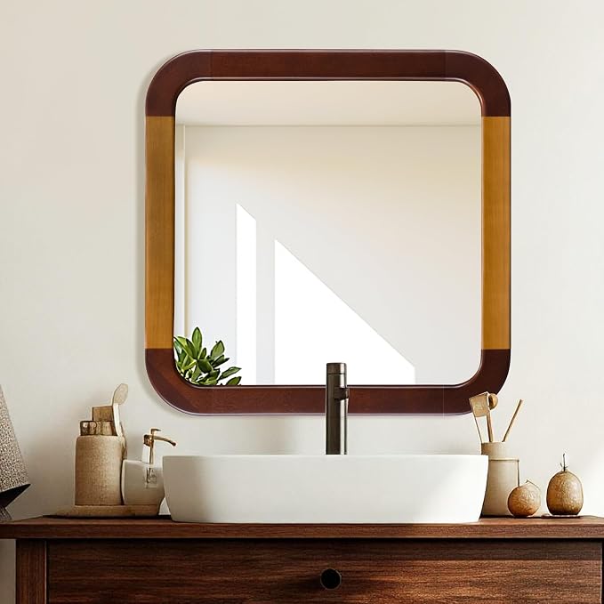 Bathroom Mirror 24 x 24 Inch,Brown Wood Rustic Rectangle Tempered Wall Mirror with Wood Frame,Round Corner Farmhouse Wooden Vanity Mirror for Living Room,Entryway or Bedroom（Walnut Brown） - Image 2