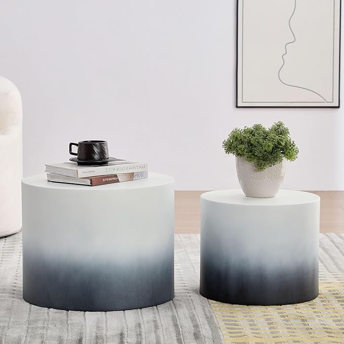 Small Round Coffee Table Nesting End Table Set of 2, MDF Side Circle Accent Tables for Small Spaces Living Room Bedroom Balcony Office,White & Black