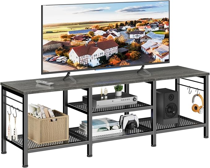 Furologee TV Stand for TVs up to 65 Inch, Entertainment Center with Open Storage Shelves, 55 Inch Television Stands with Soundbar Shelf for Living Room, Bedroom, Black Oak by Furologee