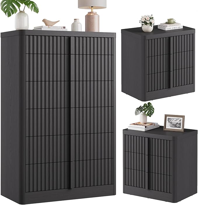 Fluted Dresser and Nightstand 3-Piece Bedroom Set, 49" Tall 6-Drawer Dresser and 2 of 3-Drawer Nightstands with Charging Station, Curved Profile Design, Modern Bedroom Dressers Sets, Black