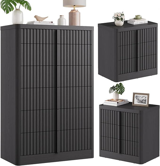 Fluted Dresser and Nightstand 3-Piece Bedroom Set, 49" Tall 6-Drawer Dresser and 2 of 3-Drawer Nightstands with Charging Station, Curved Profile Design, Modern Bedroom Dressers Sets, Black