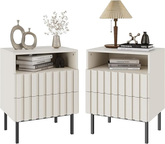 UEV Beige Fluted Nightstand Set of 2, Modern Nightstand with 2 Drawers, Wooden End Table with Storage for Small Spaces, Side Table for Bedroom, Couch, Home Office by YourHomeExcellentVendor