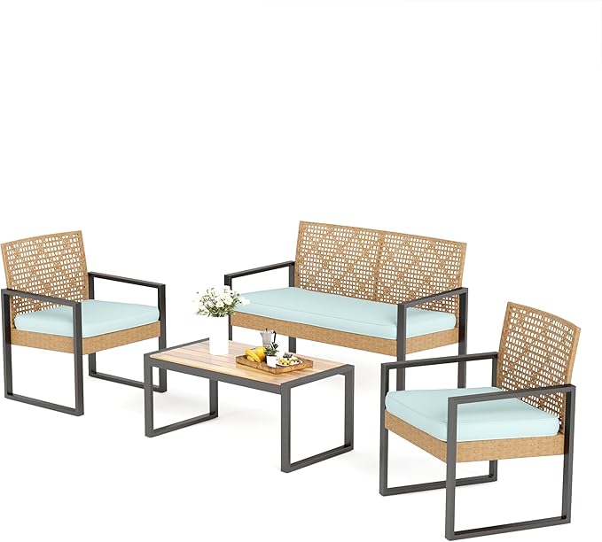 MFSTUDIO Outdoor Sofa Set for 4, Small Patio Couch with 2 Armchairs & Wood Table, Porch Wicker Loveseat Furniture Set for Deck, Backyard, Mint Green