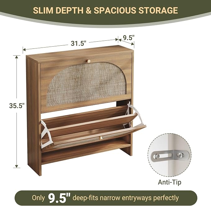Nicetree Freestanding Ultra Slim Arched Rattan Accent Shoe Storage Cabinet for Entryway - 2 Flip Drawers & 3-Tier Adjustable Shelves, Farmhouse Modern Rustic Shoe Rack for Hallway Foyer,Oak - Image 2