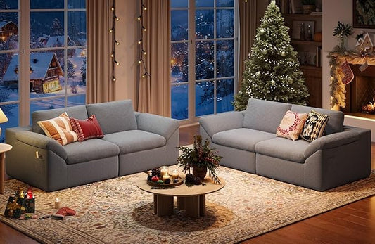LINSY HOME Modern Boneless Cloud Couch Set, Deep Seat Corduroy Secional Loveset Sofa Sets for Living Room, Apartment, Office, No Assembly Required, Grey