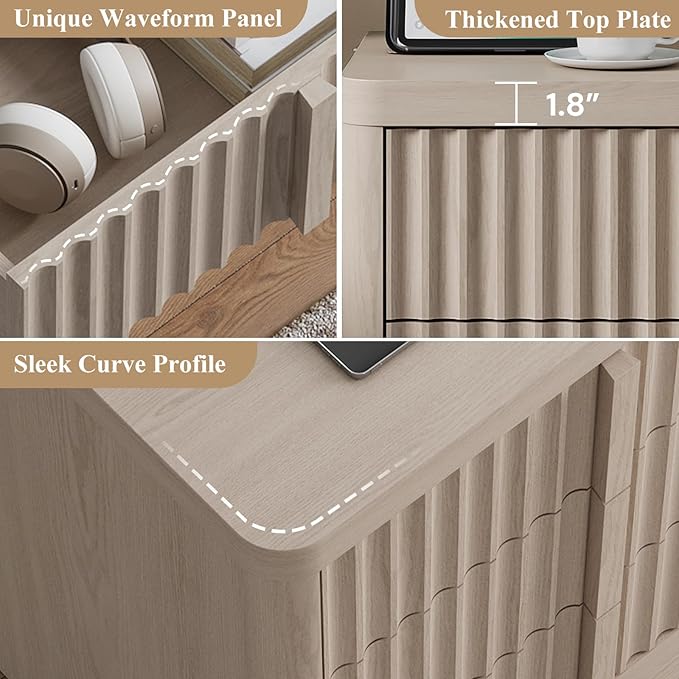 Fluted Dresser and Nightstand 3-Piece Bedroom Set, 49" Tall 6-Drawer Dresser and 2 of Nightstands with Charging Station, Curved Profile Design, Modern Bedroom Dressers Sets, White Alder