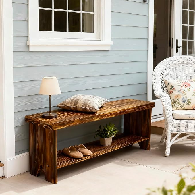 43" Solid Wood Farmhouse Bench, Entryway Bench with Storage Shelf, Vintage Long Rustic Indoor Bench for Bedroom, Entryway, Hallway, Dining - Image 6