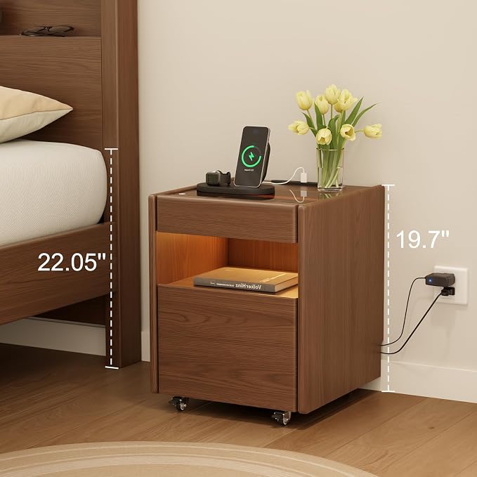 3 Drawers Nightstands with Charging Station,Modern Nightstand with Hidden Drawer,Jewelry Drawer,Mobile Bedside Table for Bedroom,Walnut Finish - Image 9