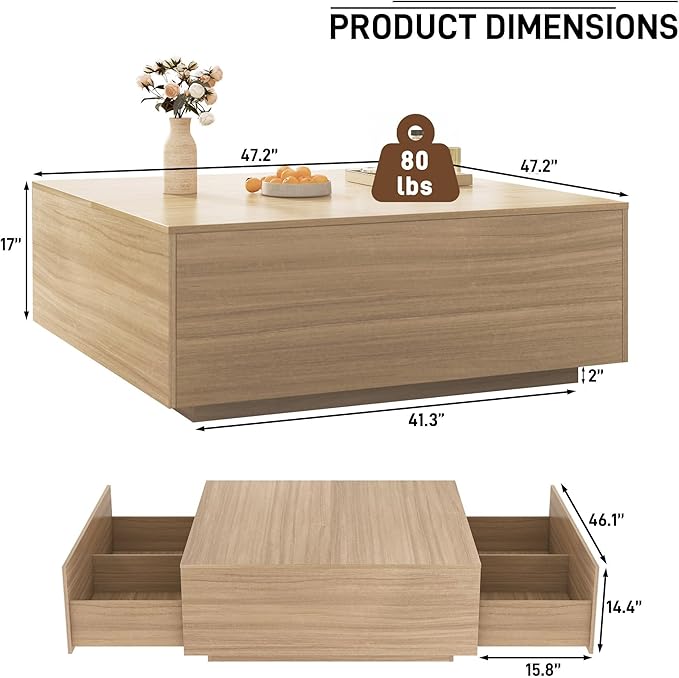 47 Inch Large Square Coffee Table with Storage,Modern Wooden Coffee Tables with 2 Drawers Storage for Living Room,Mid Century Tea Table/Aesthetic Coffee Table Center Table for Home Office(Oak)