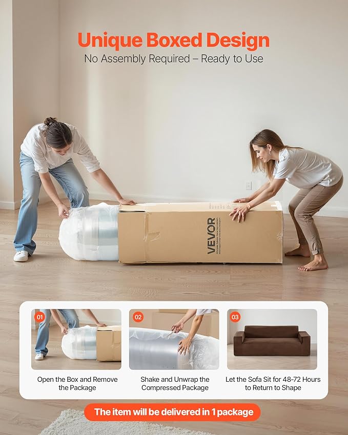 VEVOR 3-Seater Sofa in a Box, 83-Inch No Assembly Corduroy Couch with Memory Foam, Deep Seats for Living Room, Apartment, or Office, Brown