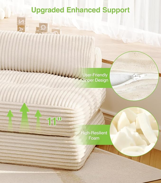 Plush Corduroy Folding Sofa Bed, Free Setup Floor Beds, 34" Boneless Couch for Small Spaces, Corner Chair, Convertible Sleeper Chair, Corner Couch, Foldable Sleeper Sofa Beds, Cream White