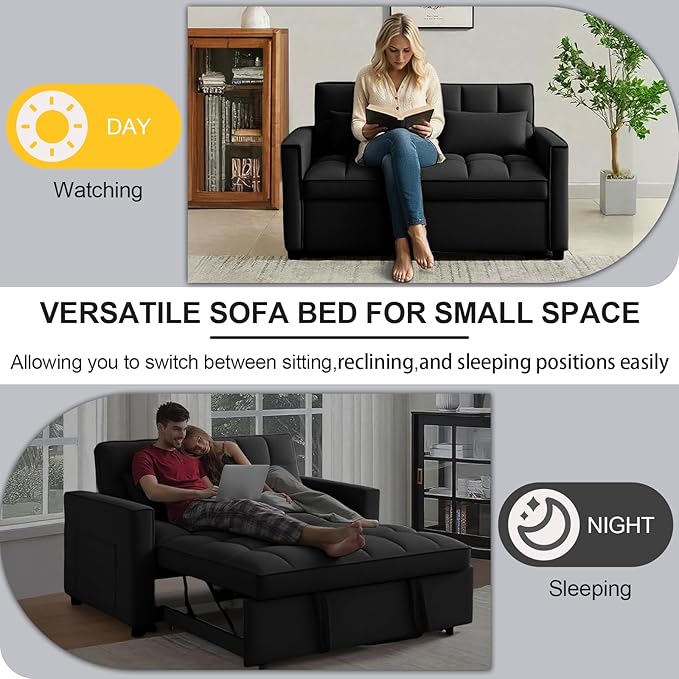 3 in 1 Pull Out Sofa Bed, 52.75" Sleeper Sofa Bed with 3-Level Adjustable Backrest, Velvet Fabric Loveseat Sleeper Couch for Living Room & Bedroom & Apartment & Dorm Furniture, Black