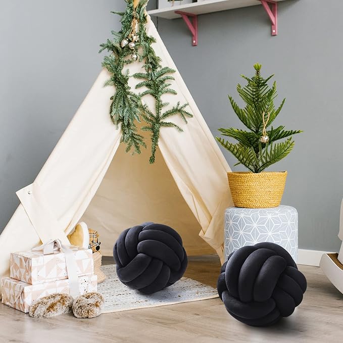 Namalu 2 Pcs Soft Knot Pillow Ball, Decorative Round Throw, Soft Knotted Plush Pillows, Handmade Stuffed Ball Pillows Cushion for Bedroom Sofa Couch Home Decor(7.87 Inches,Black)