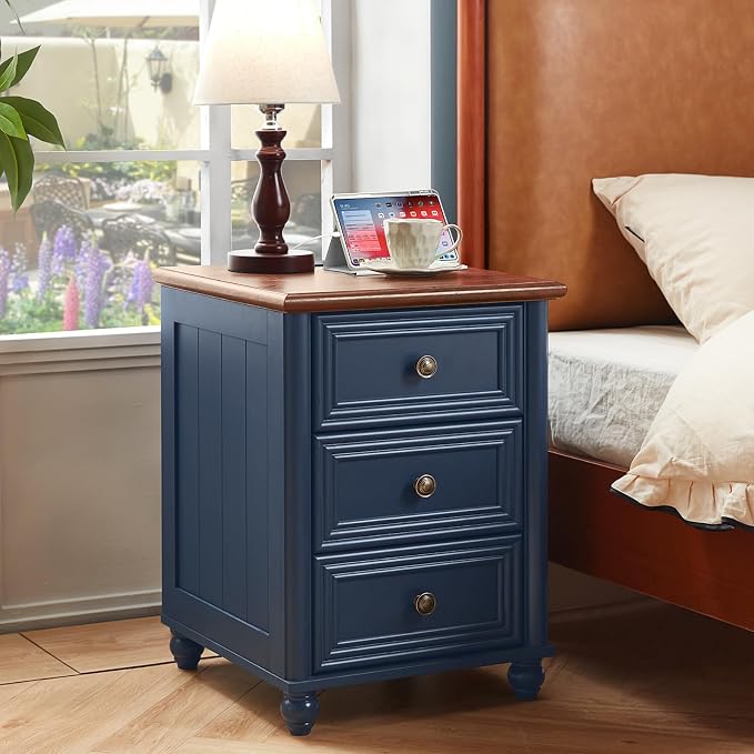 RWYHG 18" Farmhouse Nightstand with Charging Station and USB Port, Blue Night Stand with 3 Drawers, Wood Bedside End Table with Storage, Bed Side Tables for Bedroom Living Room and Closet - Image 5