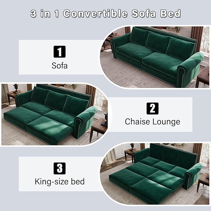 Eafurn 93.7" King Size Pull Out Sofa Bed, 3-in-1 Convertible Sleeper Sofa Couch Bed with Nailhead Decor and Rolled Arms, Velvet Oversized Chesterfield Loveseat Chaise Lounge