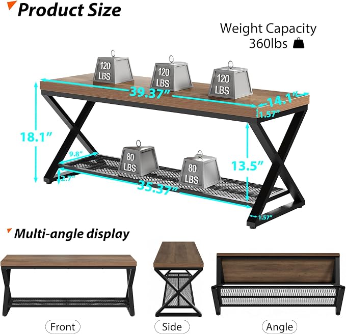LVB Entryway Shoe Bench with Storage, 39” Entryway Bench for Foyer Hallway, Farmhouse Wood and Metal Indoor Bench for Entrance, Shoe Rack Storage Bench with Sitting for Living Room, Rustic Oak, 39 in - Image 2