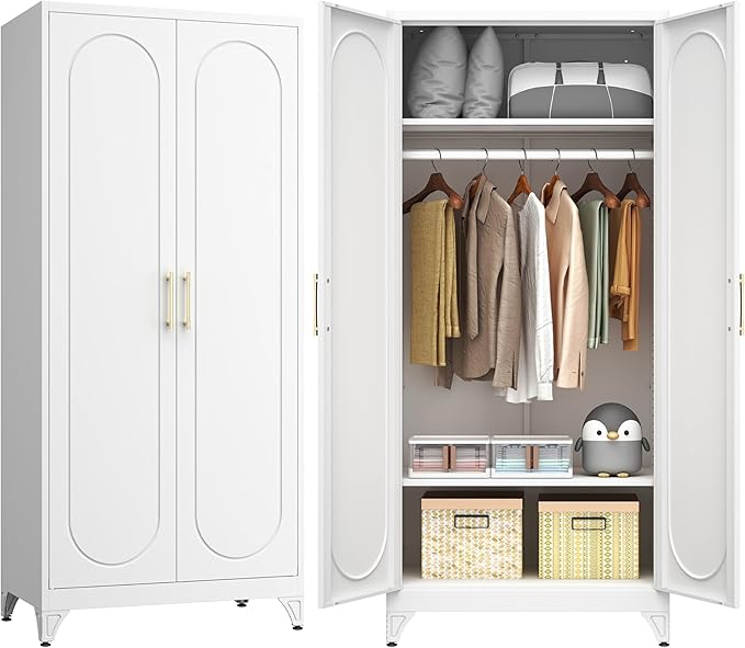 71" White Wardrobe Closet with 2 Doors, Metal Armoire Wardrobe Cabinet with Hanging Rod and Adjustable Shelves, Clothing Storage Cabinets for Bedroom, Laundry Room, Home Office