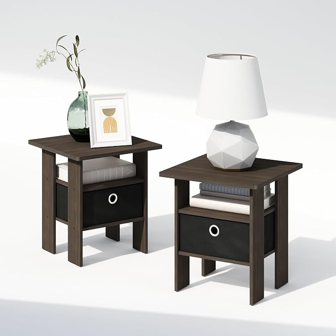 Furinno TIDUR Night Stand Set of 2, Open Shelf Design Nightstand with Storage Bin, Bedside Table, End Table, Side Table, for Bedroom, Closet, Dorm, Dark Brown by Furinno-FitsYourSpaceFitsYourBudget