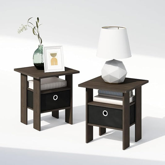 Furinno TIDUR Night Stand Set of 2, Open Shelf Design Nightstand with Storage Bin, Bedside Table, End Table, Side Table, for Bedroom, Closet, Dorm, Dark Brown by Furinno-FitsYourSpaceFitsYourBudget