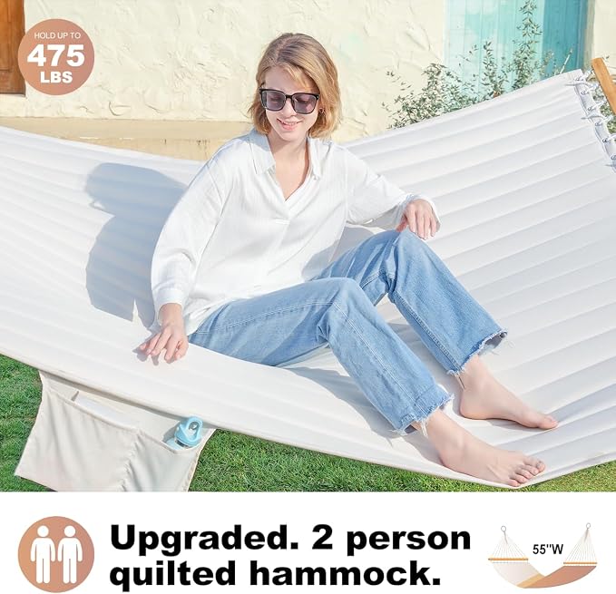 GAFETE Hammock 2 Person Quilted Fabric Hammocks for Outside, Double 12ft Hammocks with Spreader Bar, Large Removable Pillow, Storage Bag, Carabiners, Max 475 lbs Capacity (Dune Beige) - Image 3
