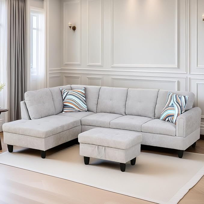 FONTOI L Shaped Sectional Couches for Living Room, Modular Sectional Sofa with Ottoman Storage, Modern Comfy 4 Seat L Shaped Couch with Chaise for Bedroom Apartment Furniture, Gray