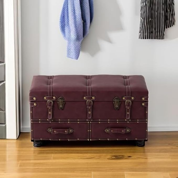 COZAYH Set of 2 Vintage Mid-Century Storage Ottoman Bench - Upholstered Padded Chest for Entryway, Bedroom, Living Room - Dark Magenta - Image 5