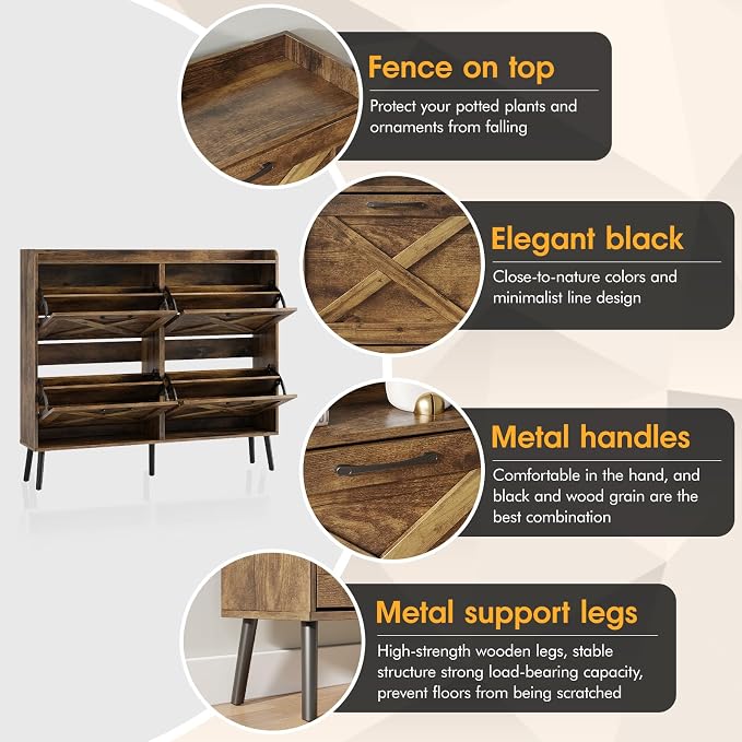 Maupvit Large Shoe Storage Cabinet with 4 Flip Drawers, Narrow Shoe Cabinet for Entryway with Wooden Legs, Freestanding Hidden Shoe Rack Organizer ＆ Metal Hinges, Rustic Brown - Image 4