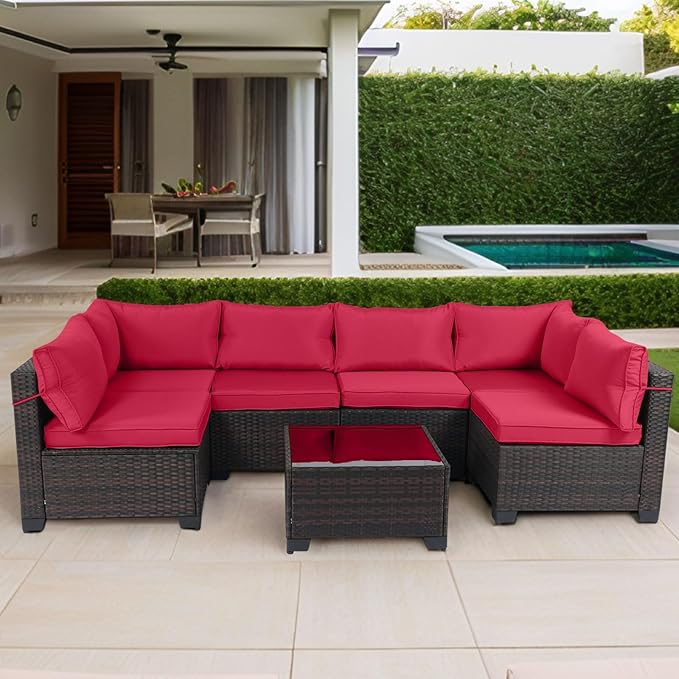 CHABATREE 7 Pieces Outdoor Patio Furniture Sets,Rattan Conversation Sectional Set,Manual Weaving Wicker Patio Sofa with Tea Table