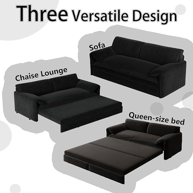 66" Queen Size Pull Out Sofa Bed, 3-in-1 Convertible Sleeper with Side Storage and Wheels, Velvet Loveseat for Living Room, Apartment, Bedroom, Black (Mattress & Bedding Not Included)