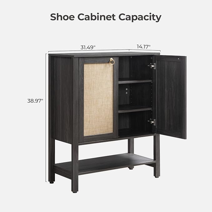 SICOTAS Rattan Shoe Storage Cabinet - 5 Tier Farmhouse Boho Shoe Storage Organizer Cabinet with Doors and Shelves, Tall Shoe Rack for Entryway, Hallway, Living Room, Closet (Obsidian) - Image 2