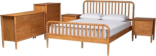 Baxton Studio Lucera Bobbin Wood Bedroom Set, 5-Piece, Queen, Oak Brown