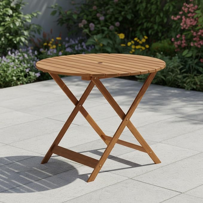 Furinno TIOMAN Folding Patio Dining Table, 35-Inch Round Outdoor Wooden Table with Umbrella Hole, 2-4 Person Patio Table for Garden, Balcony, Porch, Light Wood by Furinno-FitsYourSpaceFitsYourBudget