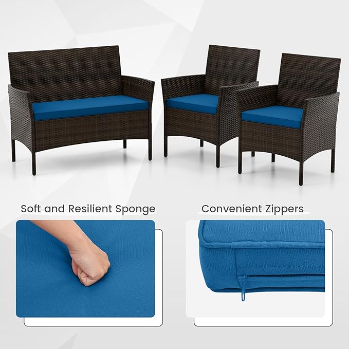 DORTALA Wicker Patio Furniture Set 4 Piece, Outdoor PE Rattan Table & Chairs Set with Tempered Glass Coffee Table, Loveseat, Cushions, Conversation Set for Balcony, Porch, Backyard, Deck, Peacock Blue