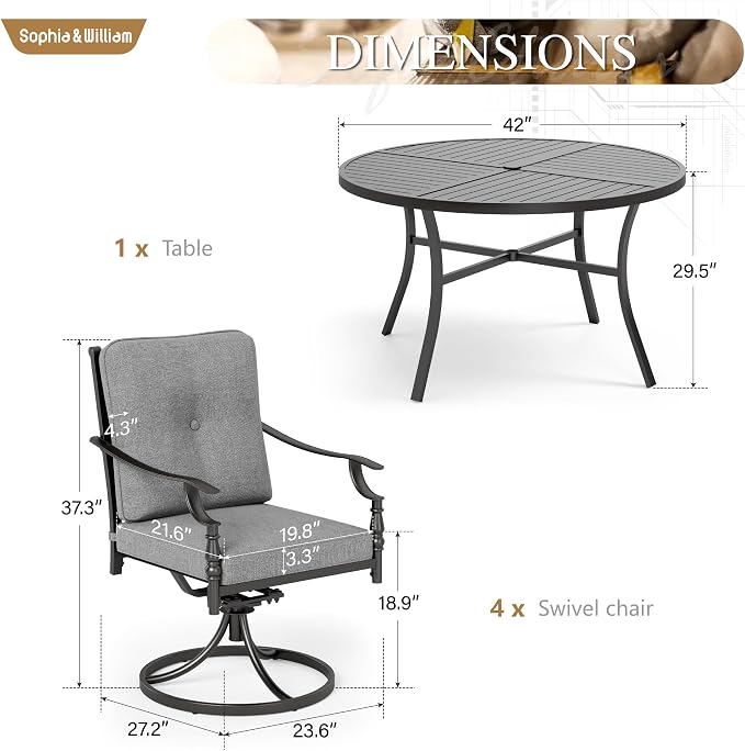Sophia & William 5 Piece Outdoor Patio Dining Set, Patio Table and Chairs Set for 4,Swivel Patio Chairs with Cushions and Round Table, Outdoor Dining Set for Backyard, Poolside - Image 2