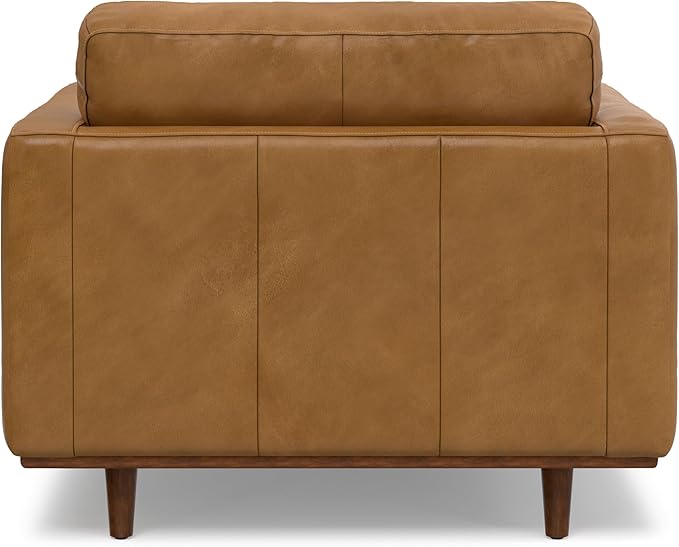 SIMPLIHOME Morrison Arm Chair - 42 inch Wide Upholstered Genuine Leather Mid-Century Modern Accent Chair in Sienna with Solid Wood Legs, Reversible Bolster Pillows and Reclined Back