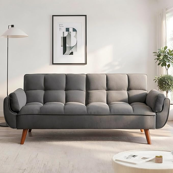 Convertible Futon Sofa Bed, Modern Futon Couch with 2 Pillows, Small Futons Couch with Adjustable Armrest & Backrest, Loveseat Sofa Bed for Living Room, Bedroom, Dark Gray