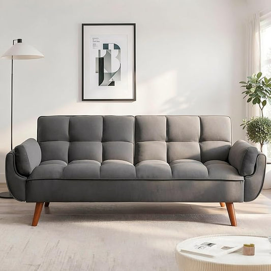 Convertible Futon Sofa Bed, Modern Futon Couch with 2 Pillows, Small Futons Couch with Adjustable Armrest & Backrest, Loveseat Sofa Bed for Living Room, Bedroom, Dark Gray