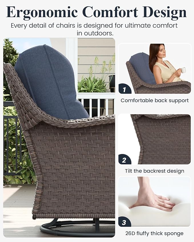 LayinSun 3 Piece Wicker Outdoor Furniture Set with 6-inch Comfy Cushions, High Back Patio Furniture Set with Swivel Rocking Chairs and Side Table
