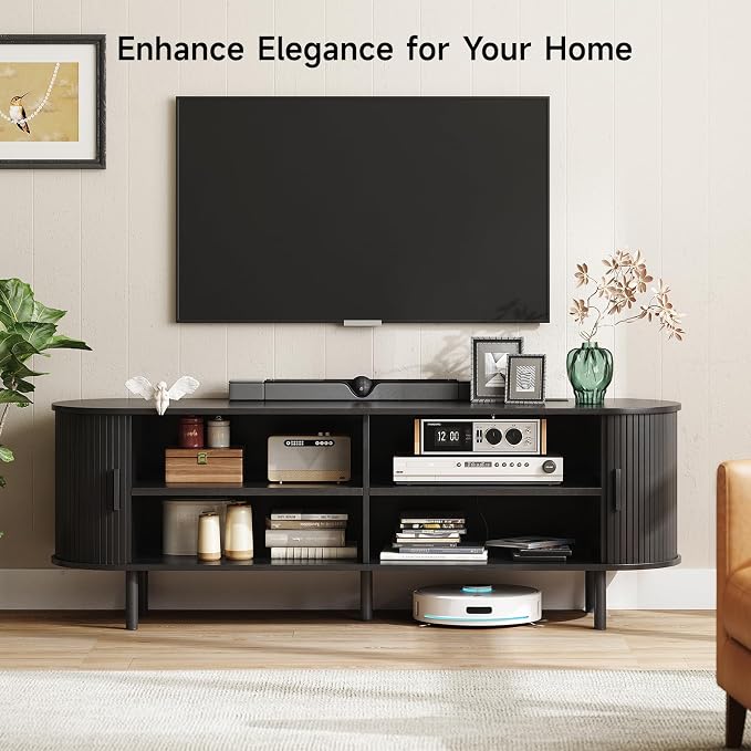 ONBRILL 63" TV Stand with Power Outlet for TVs up to 70 Inch, Entertainment Center with Storage and Adjustable Shelves, Modern Media Console with Sliding Doors for Living Room, Black - Image 3