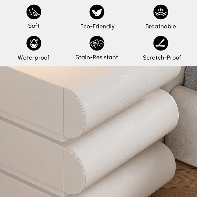homary Smart Nightstand with Wireless Charging, USB & Type-C Ports – Modern Off White Faux Leather Nightstand with 3 Drawers, Bedside Table with Charging Station for Bedroom - Image 4