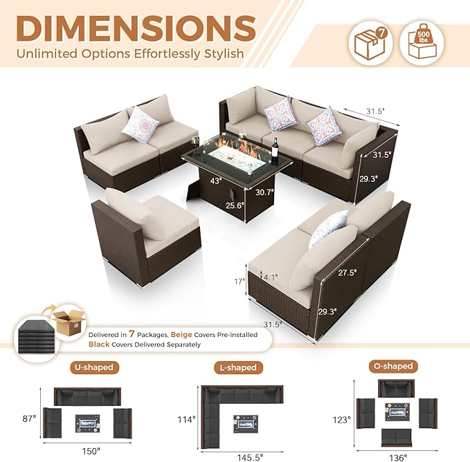 BULEXYARD 9 Piece High Back Outdoor Sectional Couch Set with Fire Pit, Elegant All-Weather Patio Furniture Set, Extra Large Size 8-Person Backyard Seating Group L-Shaped for Yard, Deck, Brown & Black