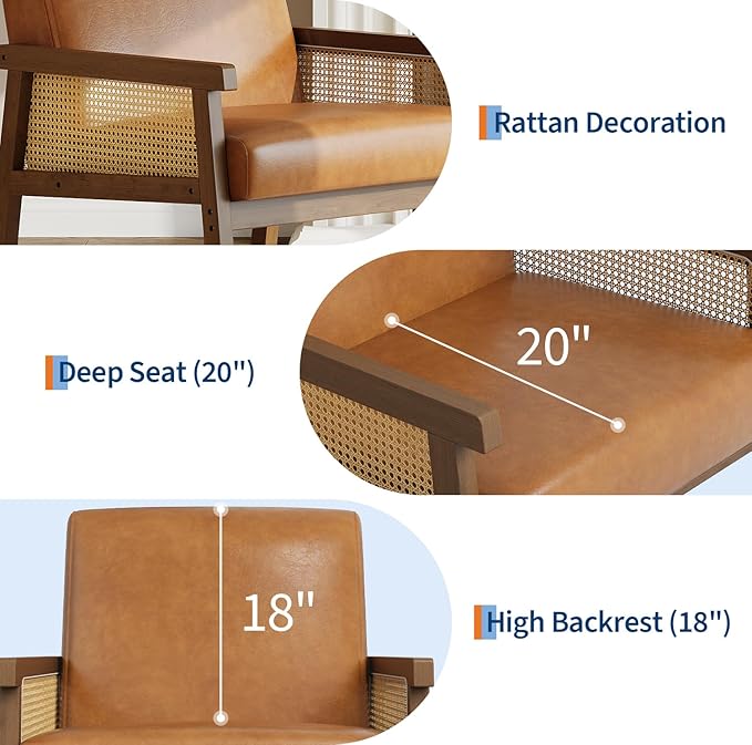 IDEALHOUSE Rattan Accent Chair, PU Leather Armchair, Upholstered Reading Chair with Wooden Frame and High Back, Leisure Chairs for Living Room Bedroom Waiting Room Reception, Brown