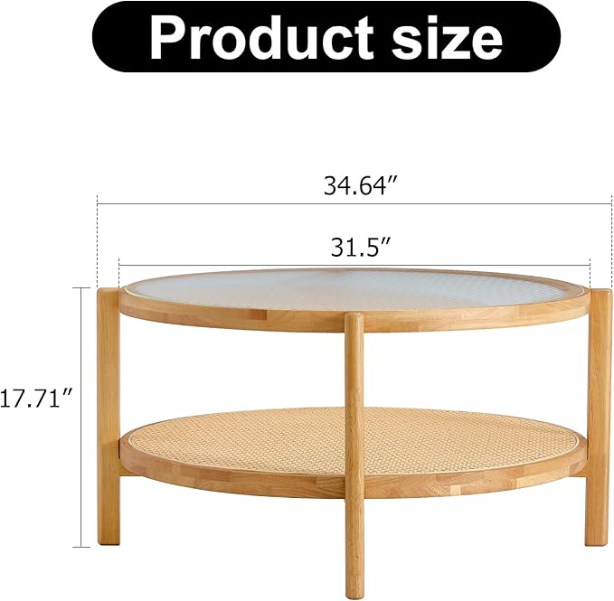 Mid Century Modern Coffee Table with Glass Top and PE Rattan Storage Shelf, 2-Tier 35 Inch Solid Wood Round Boho Coffe Table, Unique Center Table for Livinig Room Apartment Small Space