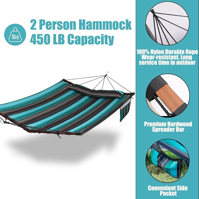 TegerDeger 12FT 2 Person Hammock Large Hammock 450LB Capacity with V Shaped Hardwood Spreader Bar & Nylon Rope for Outside, Patio, Garden, Backyard, Beach, Poolside - Teal Stripes - Image 4