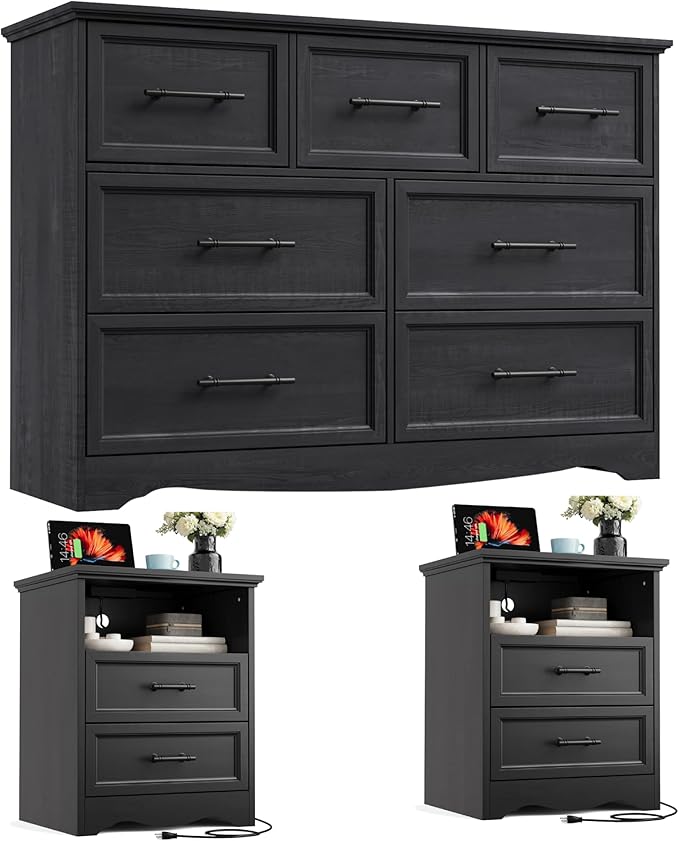 Bedroom Set, 3 Pieces Bedroom Furniture Set, Wood 7 Drawer Dresser and Nightstands with Charging Station, Farmhouse Storage Organizer Cabinet for Bedroom, Black