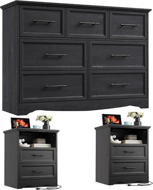 Bedroom Set, 3 Pieces Bedroom Furniture Set, Wood 7 Drawer Dresser and Nightstands with Charging Station, Farmhouse Storage Organizer Cabinet for Bedroom, Black