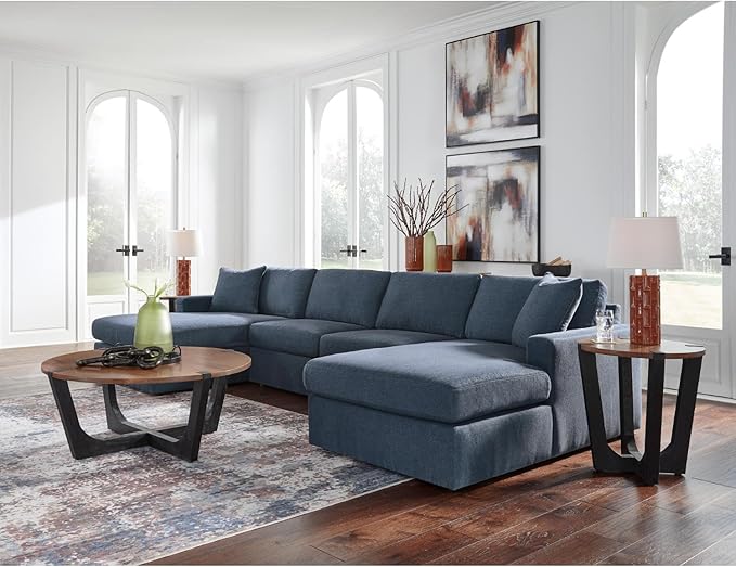 Signature Design by Ashley Modmax Stain Resistant Minimalist Modular Anti Sag 4-Piece Double Chaise Sectional with Loose Reversible Cushions and 2 Accent Pillows, Blue