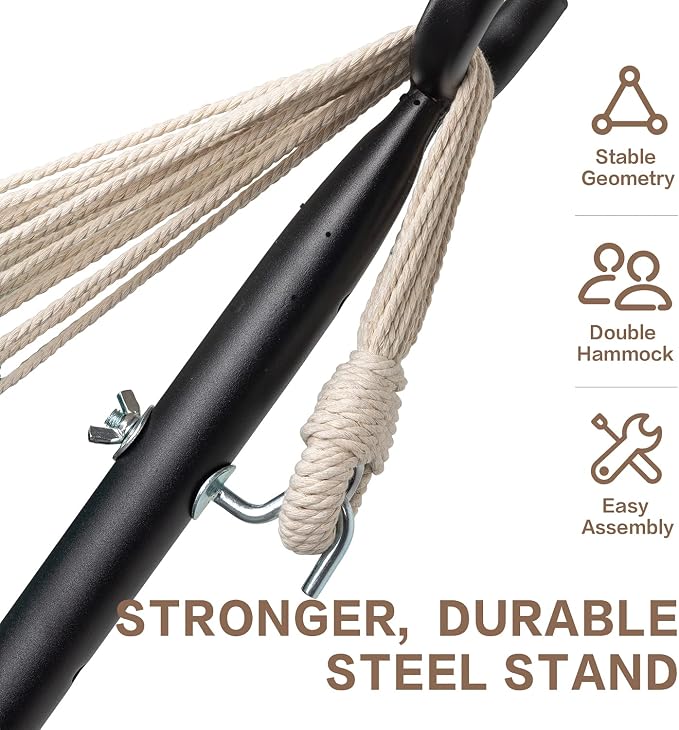 PNAEUT Double Hammocks with Stand for Outside, Portable Space Saving Heavy-Duty Steel Stand for Indoor Outdoor Patio with Carrying Bag, 450 lbs Capacity (Denim) - Image 4
